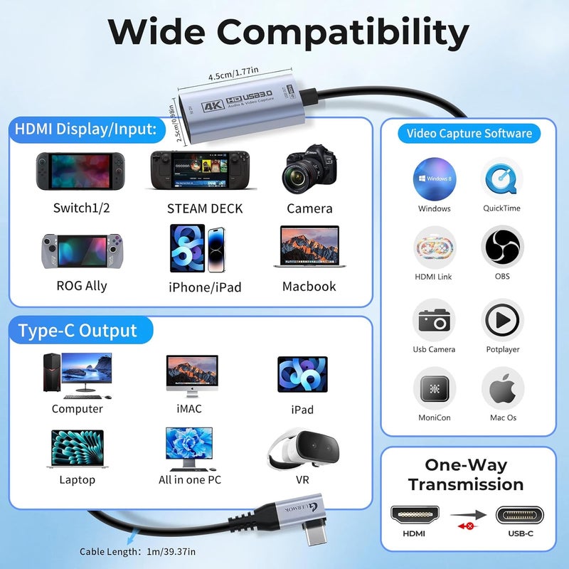 Guermok 4K 60FPS Video Capture Card, 90° USBC, 3.3ft, 1080P 240FPS USB 3.0 HDMI to USB A/C Capture Card for Streaming, Works with iPad, Mac OS, PC, Quest 3, OBS, PS5/4, Switch2/1, Xbox, Camera - Image 3